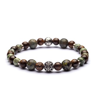 Bracciale da uomo indossato in pietre dure naturali da 6 e 8mm, argento invecchiato