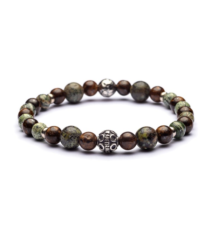 Bracciale da uomo indossato in pietre dure naturali da 6 e 8mm, argento invecchiato