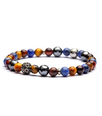 Braccialetto artigianale da uomo con occhio di tigre marrone e rosso, ematite, labradorite blu 2