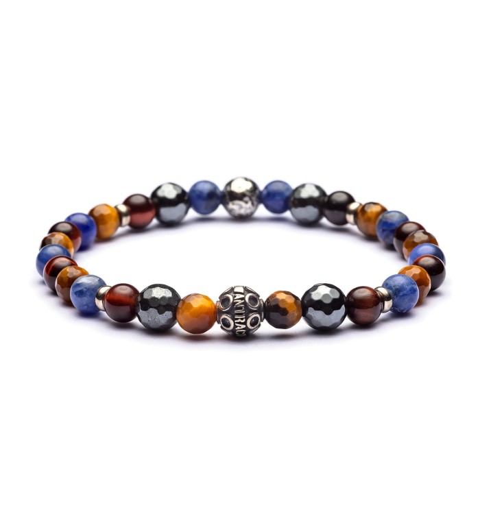 Braccialetto artigianale da uomo con occhio di tigre marrone e rosso, ematite, labradorite blu