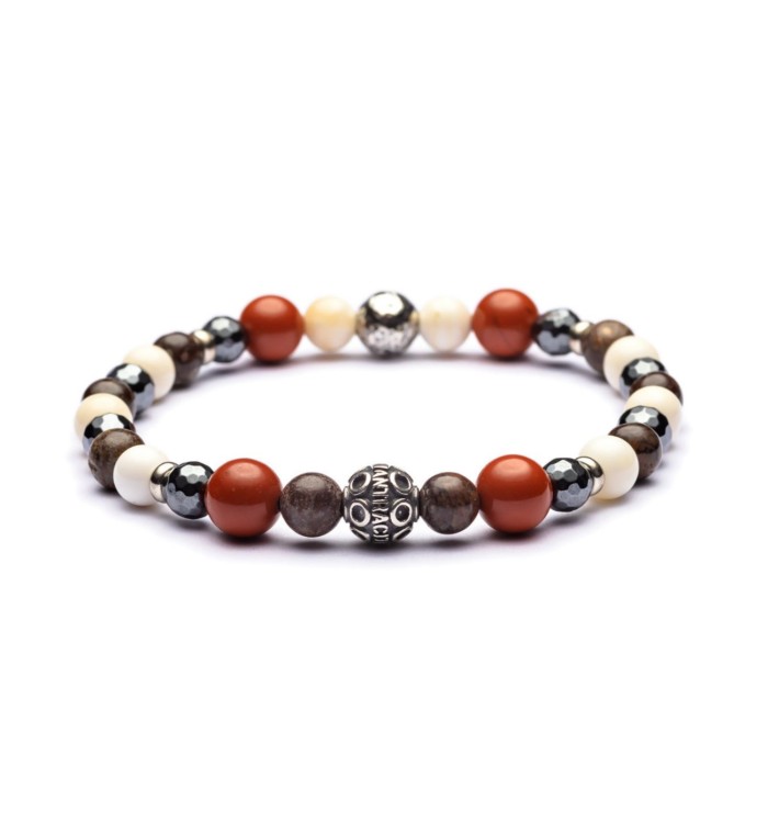Bracciale artigianale da uomo con diaspro marrone e rosso, ematite, howlite bianca