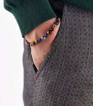Bracciale in argento invecchiato, bronzite, labradorite blu, occhio di tigre marrone, paesina 2