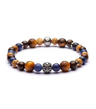 Bracciale in argento invecchiato, bronzite, labradorite blu, occhio di tigre marrone, paesina
