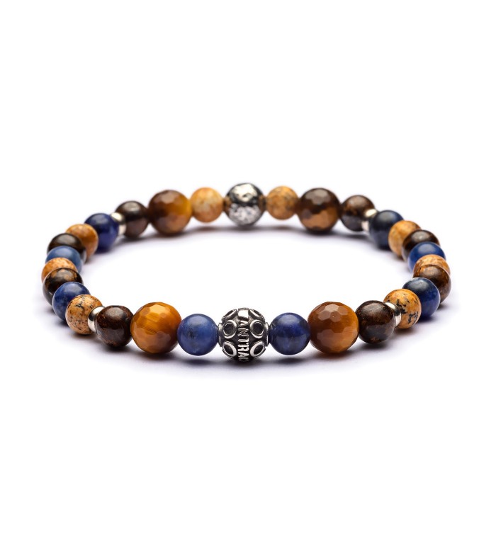 Bracciale in argento invecchiato, bronzite, labradorite blu, occhio di tigre marrone, paesina