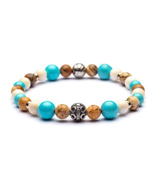 Braccialetto artigianale con howlite turchese, paesina, madreperla e sfera in argento