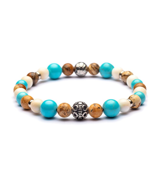 Braccialetto artigianale con howlite turchese, paesina, madreperla e sfera in argento