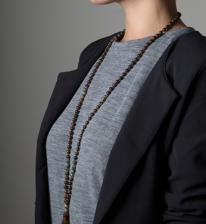MUDRA - Mala tibetano in bronzite, pirite e turchese africano.