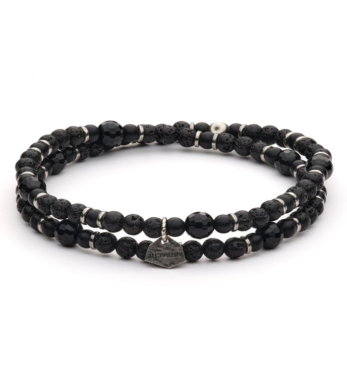 AMADEUS - Bracciale da uomo in agata nera satinata e pietra di lava